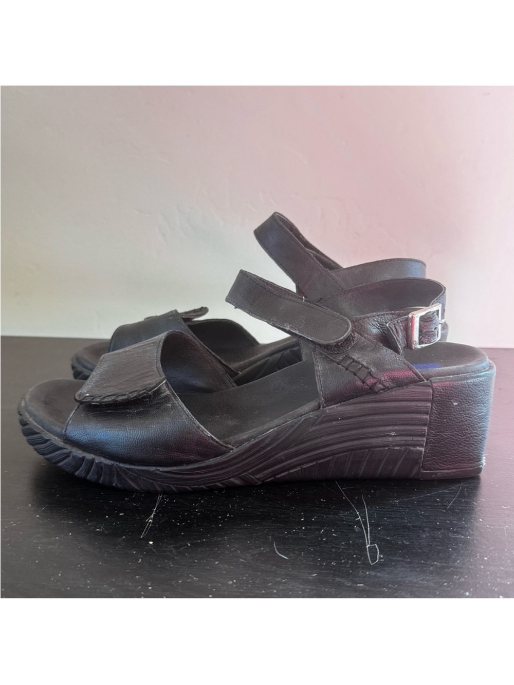 Wolky Shira Black Leather Wedge Sandals
